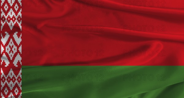 Flag of Belarus with fabric textured background. Close up of National flag of Belarus with