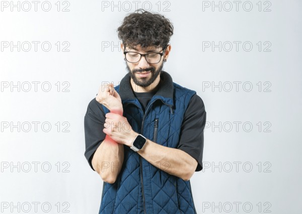 Person with wrist pain and arthritis isolated. Young man with arthritis isolated.. Wrist pain and