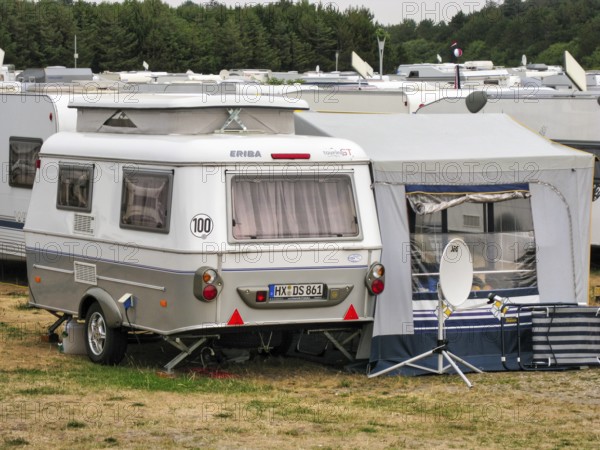 Fully staffed campsite in high season, nostalgic caravan with raised roof, awning, Hymer Eriba