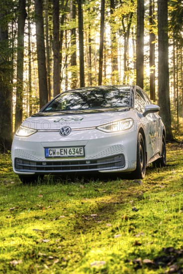 A car on a forest path, illuminated by sunlight, license plate CW EN 634E, Deer E-Carsharing, VW