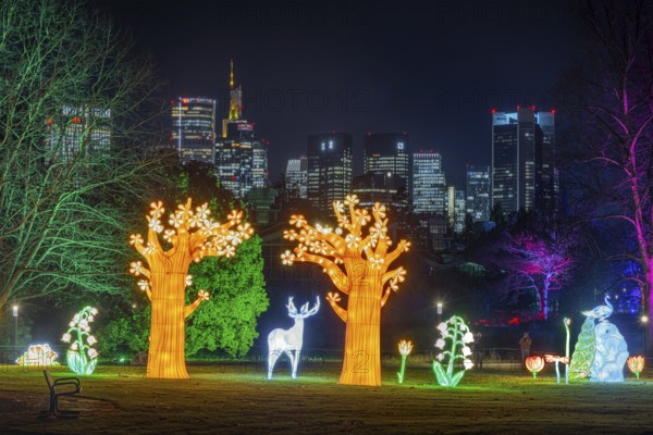 The light installations of the winter lights in the palm garden shine in front of the skyscrapers