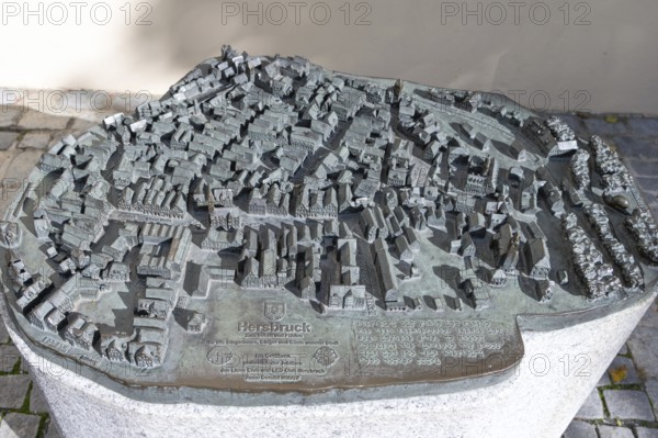 Bronze casting of the city view of Hersbruck, Oberer Masrkt, Hersbruck, Middle Franconia, Bavaria,