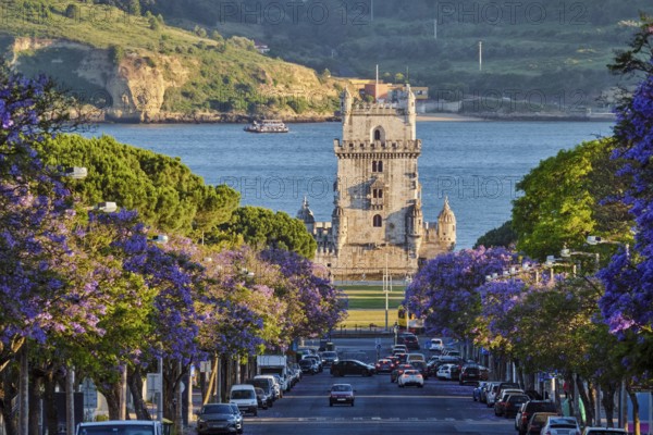 Blooming jacaranda trees line the street as visitors admire Belem Tower on the Tagus River at