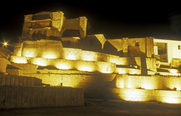 Illuminated Santo Domingo church in Cusco, Andean highlands, Peru, South America, September 1997,