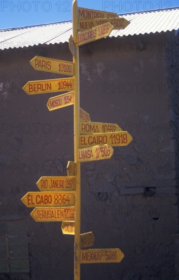 International guide on Isla Taquile in Lake Titicaca shows the distances to cities around the