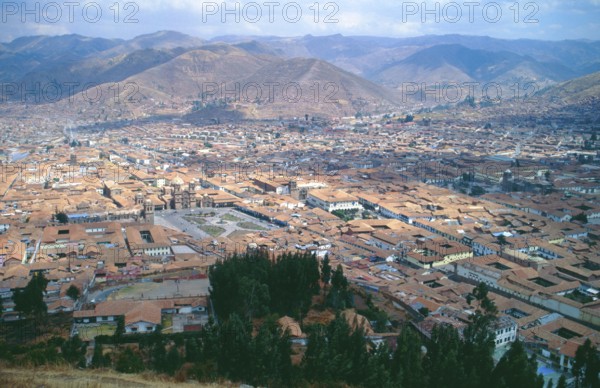 View of the Andean city of Cusco from Saysayhuaman fortress, Andean highlands, Peru, South America,