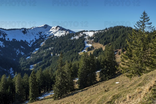 View from the high-altitude hiking trail from Bolsterlanger Horn to Riedberger Horn, behind