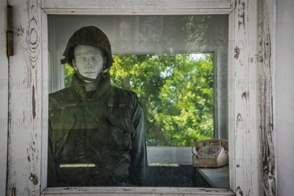 Installation with soldier on the former US monitoring system on the Teufelsberg in Grunewald,