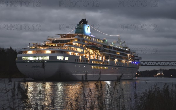Cruise ship AMADEA sails in front of sunrise in the Kiel Canal, NOK, Kiel Canal, Kiel Canal,