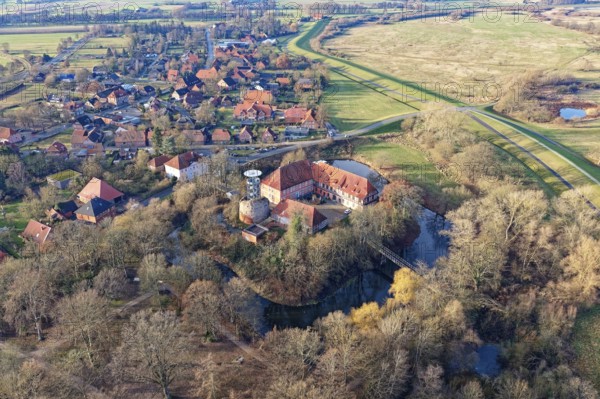 The Elbe Castle Bleckede, a two-wing palace complex and original lowland castle, on a medieval keep