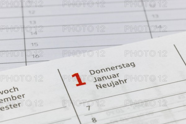 Calendar view of January 1st, New Year, without ballpoint pen, agenda