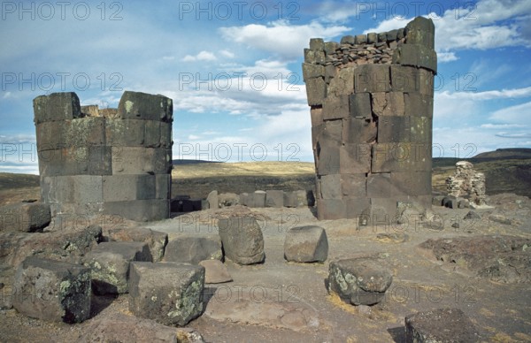 Chullpas of the Sillustani ruins on Lake Umayo near Puno, Andean highlands, Peru, South America,