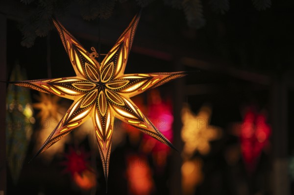 Colorful Christmas stars, sales stand, baroque Christmas market, blue hour, dusk, Ludwigsburg,