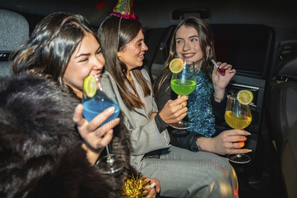 Young women are celebrating a new year's eve party inside a car, holding colorful cocktails and