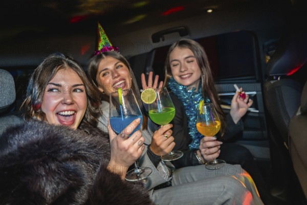 Young women friends celebrating new year's eve, cheering with colorful cocktails while traveling in