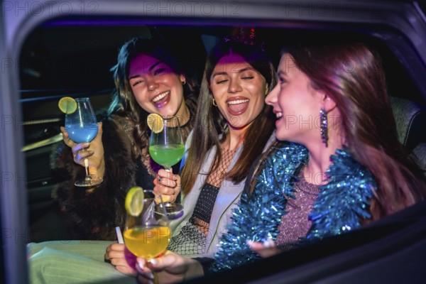 Three friends joyfully celebrating a festive occasion, laughing and holding colorful cocktails
