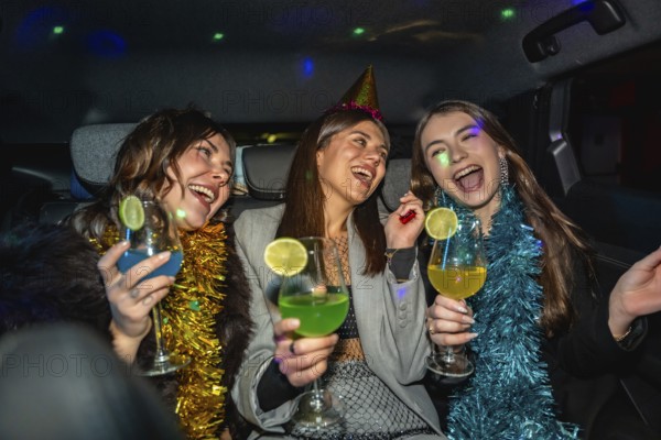 Three friends dressed up in party hats and tinsel garlands laughing and toasting colorful cocktails