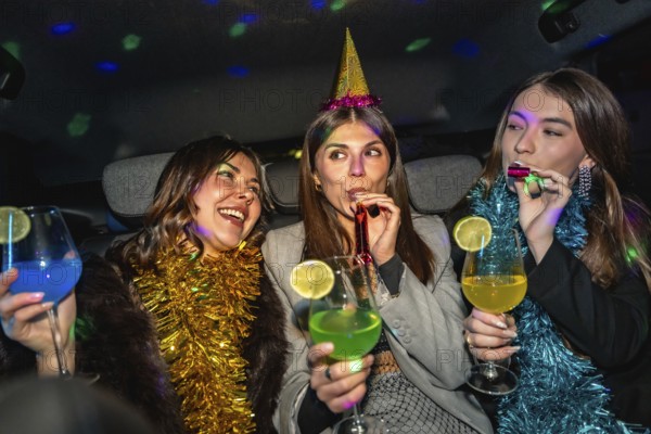 Young women celebrating a festive night out in a decorated party car with disco lights, tinsel and