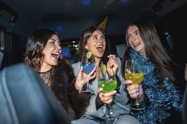 Three friends celebrating a special occasion, laughing and enjoying colorful cocktails while