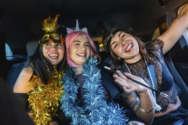 Three young women smiling and laughing, dressed in costumes with garland boas, celebrating a party