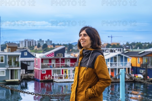 Happy tourist admiring the colorful floating houses of fisherman's wharf park in victoria, british