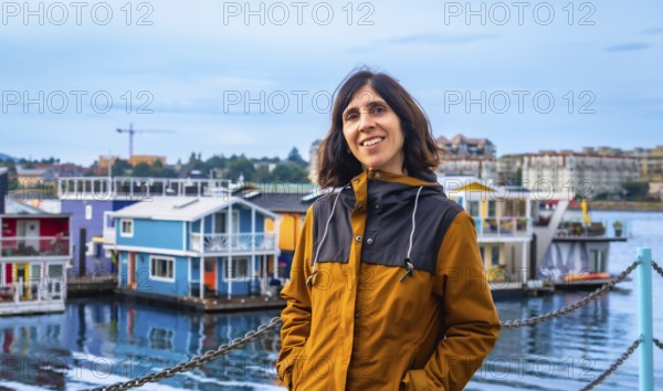 Happy tourist smiling brightly with vibrant floating houses lining the harbor in the background on