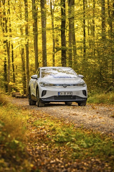 White car on a forest path surrounded by autumn leaves, VW ID4 electric car, Deer Carsharing, Calw,