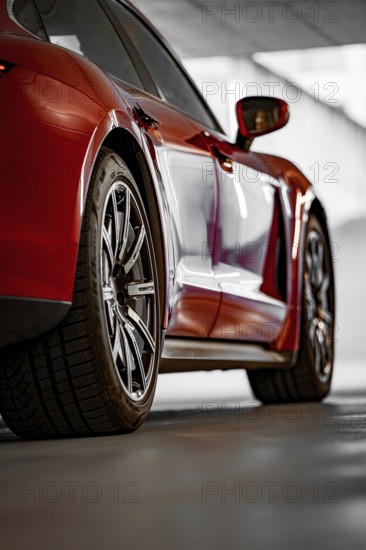 Close-up of a red car in a garage, sporty wheels, shadow games, Porsche Taycan, Deer car sharing,