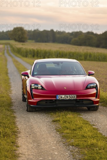 A red sports car on a gravel road through a rural area at sunset, Porsche Taycan, deer car sharing.