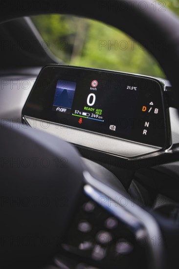 Close-up of car display with vehicle information, VW ID4 electric car, Deer Carsharing, Calw,