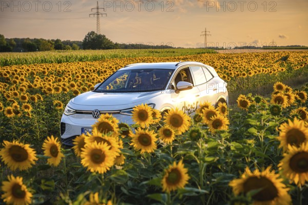 White car in a blooming sunflower field at sunset, rural idyll, VW ID4 electric car, deer car