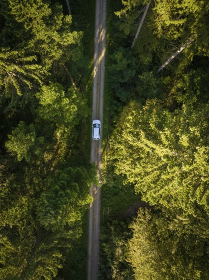Drone shot of a car on a narrow forest path between trees, VW ID4 electric car, Deer Carsharing,