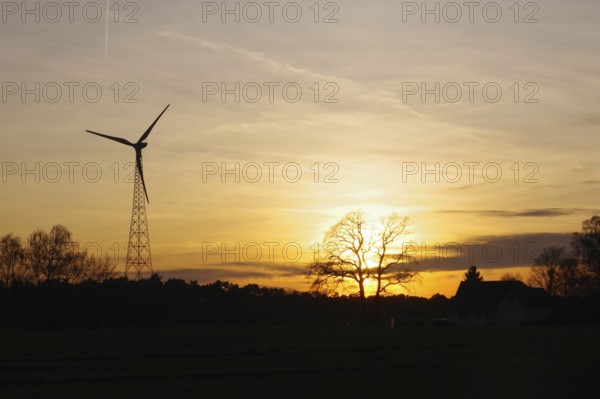 Landscape, wind generator, sunset, orange, atmospheric, winter, Germany, golden sunset in the