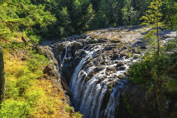 Englishman river falls creates a stunning natural spectacle as water cascades down rocky cliffs