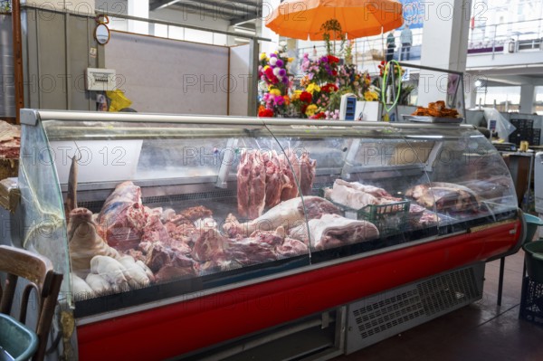 Refrigerated display cabinet with a selection of different types of meat in a butcher shop,