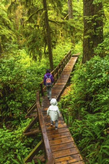 Mother and child enjoying a walk on a wooden boardwalk trail through lush rainforest in ucluelet on
