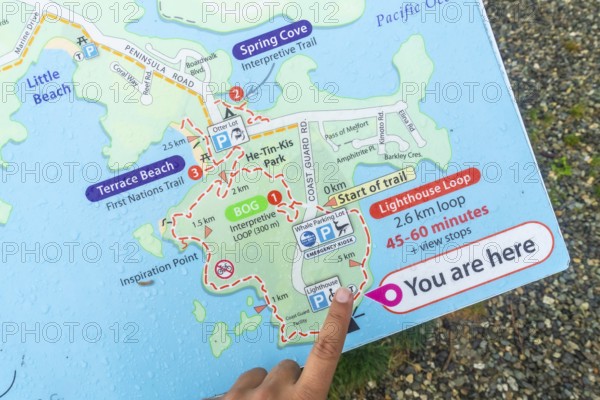 Tourist pointing at you are here indicator on a wet trail map in ucluelet, a district municipality