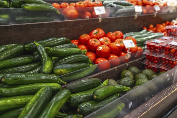 Wooden shelves displaying a variety of fresh produce including zucchini, tomatoes, cucumbers, and