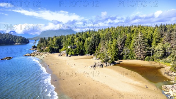 Aerial view of mackenzie beach in tofino, vancouver island, british columbia, canada, showing