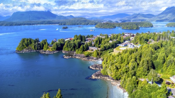 Breathtaking aerial view of tofino, a charming town on vancouver island, capturing its stunning