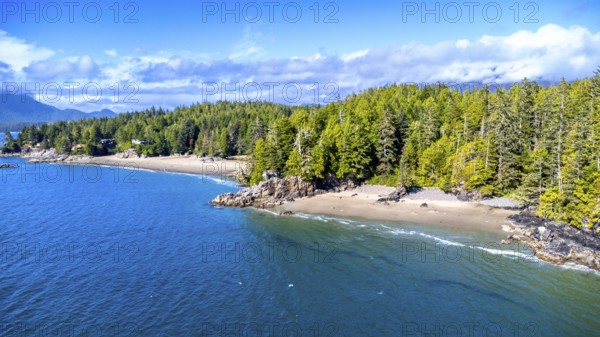 Aerial view of tofino's stunning coastline, showcasing a beautiful sandy beach nestled amidst a