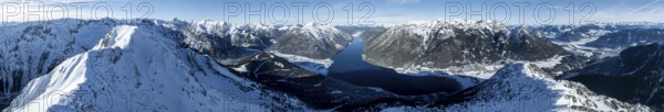 Aerial view, epic view of mountain landscape with snow in winter, summit of Bärenkopf, Achensee,