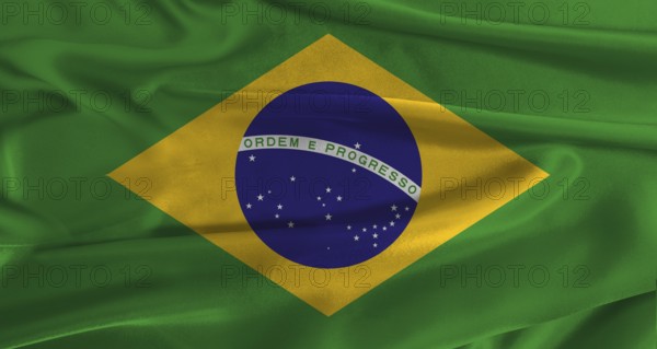 Flag of Brazil with fabric textured background. Close up of National flag of Brazil with realistic