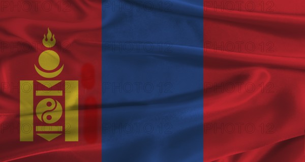 Flag of Mongolia with fabric textured background. Close up of National flag of Mongolia with