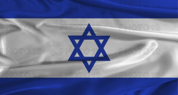 Flag of Israel with fabric textured background. Close up of National flag of Israel with realistic