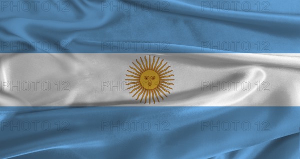 Flag of Argentina with fabric textured background. Close up of National flag of Argentina with