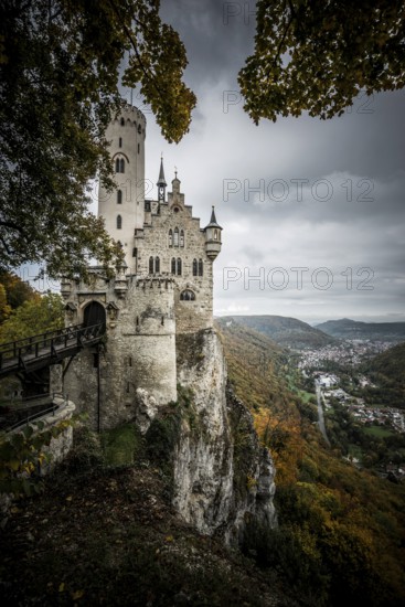 Castle and dark mystical atmosphere, Lichtenstein Castle, Honau, Echaz Valley, Swabian Jura,