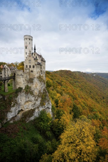 Castle and autumnal forest, Lichtenstein Castle, Honau, Echaz Valley, Swabian Jura,