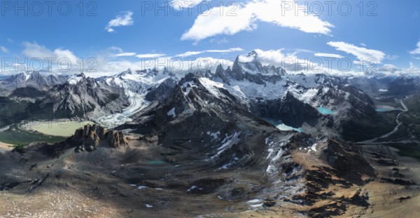 Aerial view, epic panorama, large glaciers, glacial lakes Lago de los Tres Laguna Sucia and Laguna