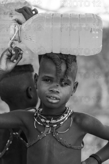 Black and white, Himba child fetches water, carries water bottle, traditional Himba, Kaokoveld,